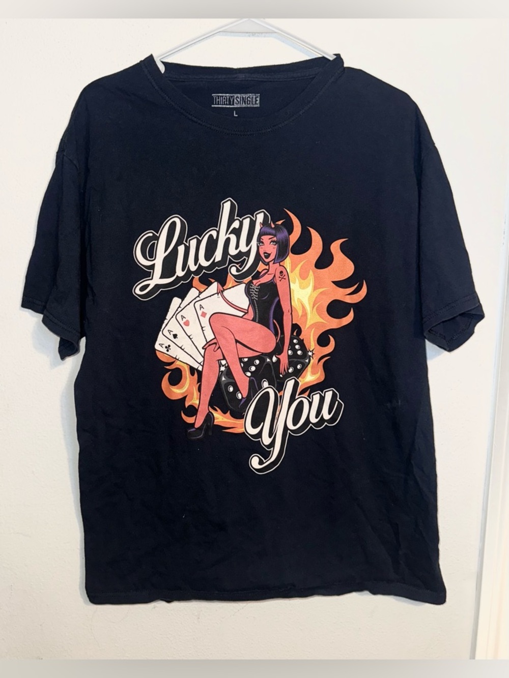 Thirty Single Black Lucky You Graphic Tee - Black with Orange & Pink Artwork